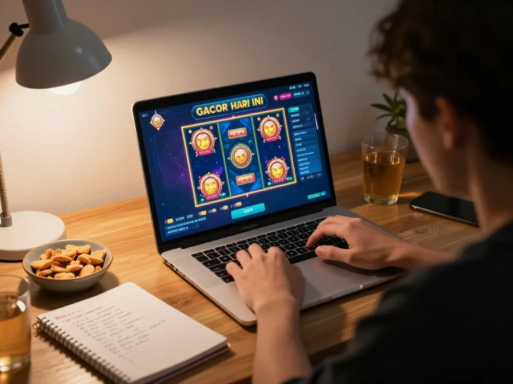Player engaging with slot gacor hari ini online, focused on laptop screen with vibrant graphics.