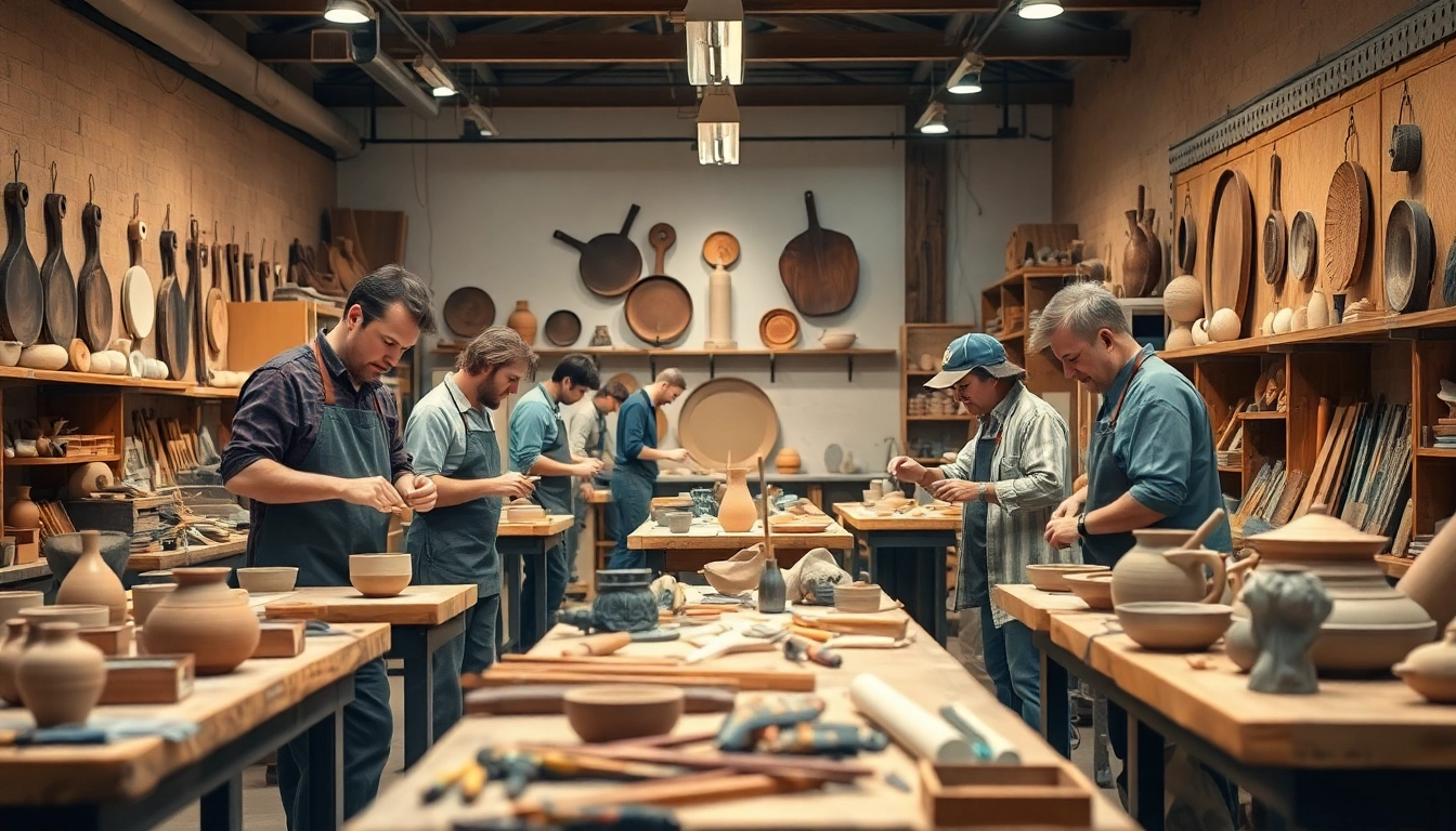 Artisans engaged in craft training programs, showcasing skills in a vibrant workshop.