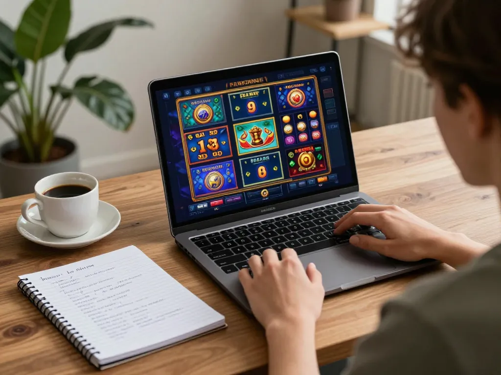 Engage with Paris888 at home, showcasing online slot gameplay with strategic notes.