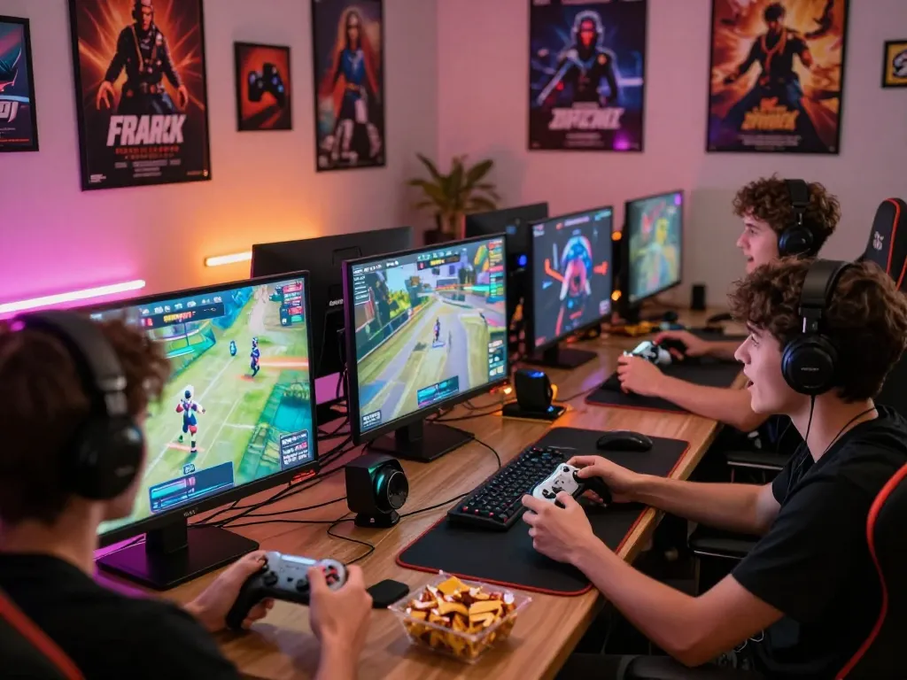 Engaged gamers in a lively room playing tải go88 with controllers, snacks, and vibrant lighting.