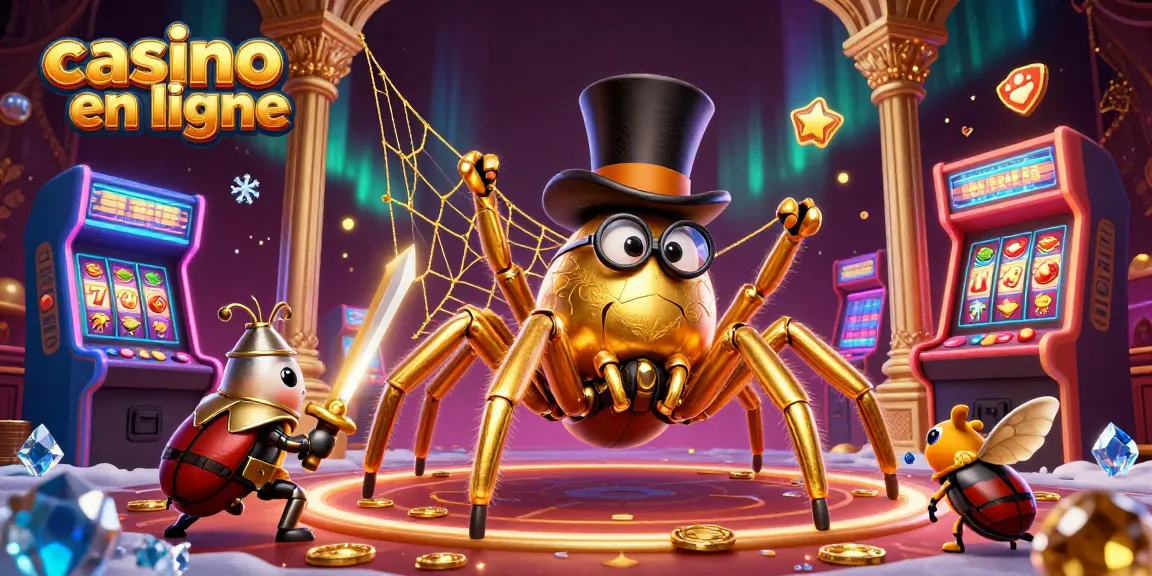 Jouer à un casino en ligne avec une araignée dorée et un chevalier scarabée dans un monde animé.