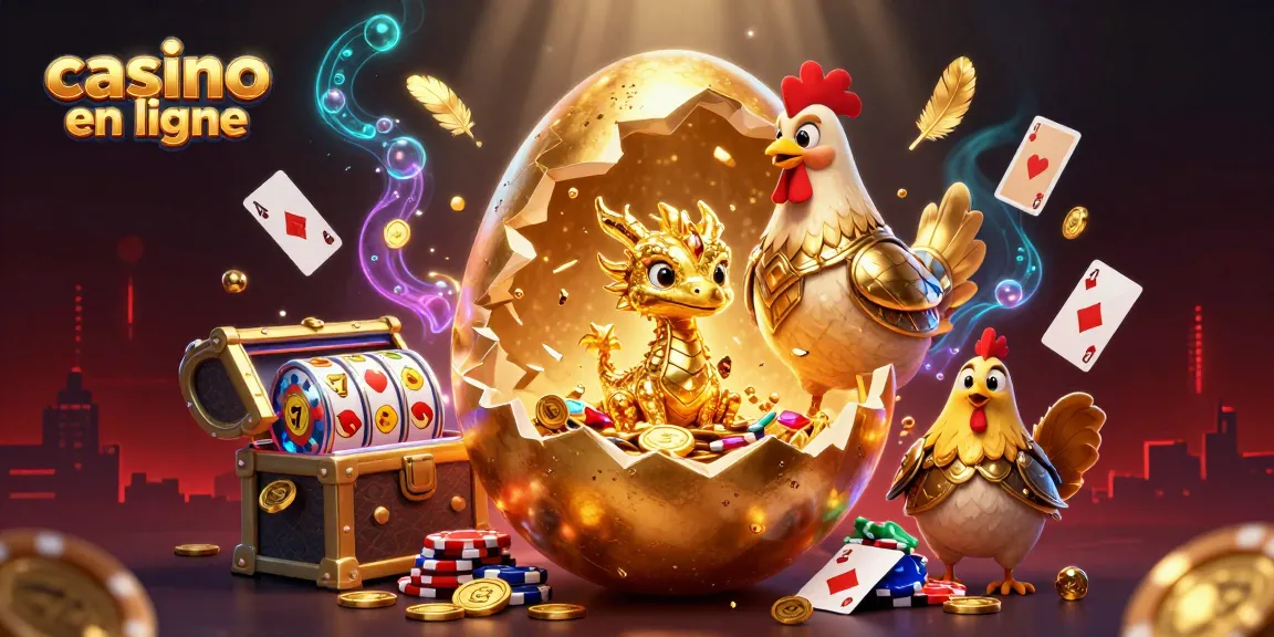 Découvrez un dragon doré gardé par une poule en armure sur un casino en ligne rempli de jetons et d'effets lumineux.