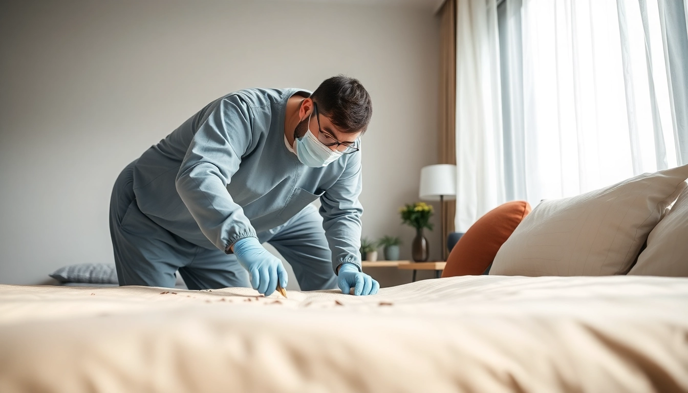 Local bed bug exterminators inspecting a modern apartment for bed bugs.