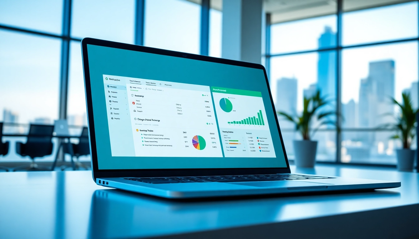 Showcase enterprise assistant saas interface on a laptop in a modern office.