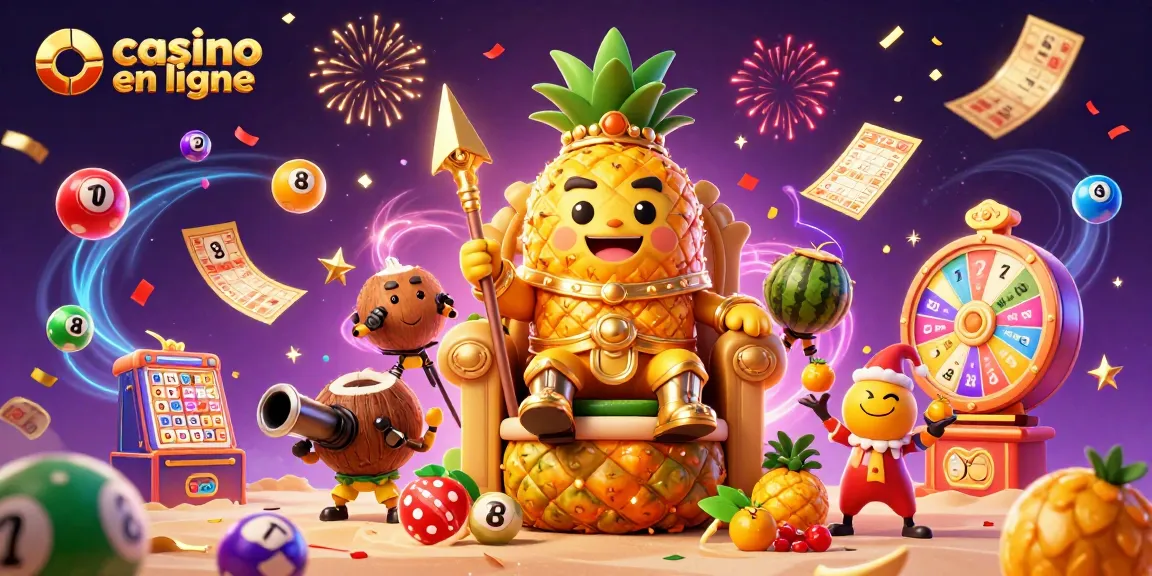 Faites l'expérience du jeu avec le roi de l'ananas et casino en ligne coloré dans une scène festive.