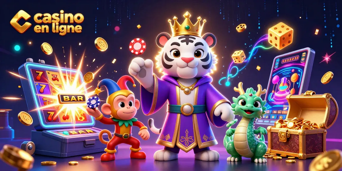 Découvrez l'univers du casino en ligne avec un tigre élégant, un singe farceur et un dragon jade animés, entourés de jeux et de jetons.