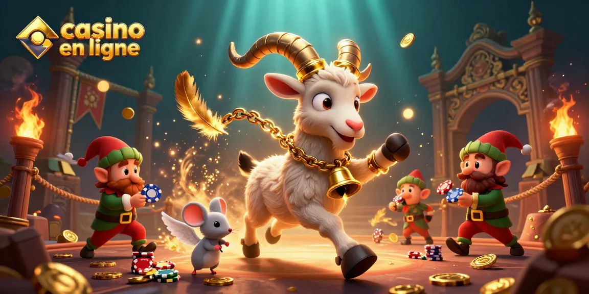 Jouez au casino en ligne avec l'illustration d'un casino en ligne animé et festif, présentant Krampus, un ange souris, et des gremlins.