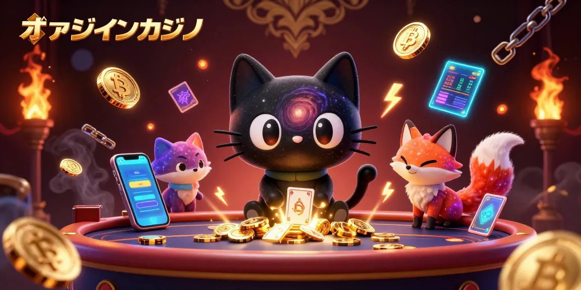 オンラインカジノで黒い穴猫がチップとカードを引き寄せる光景