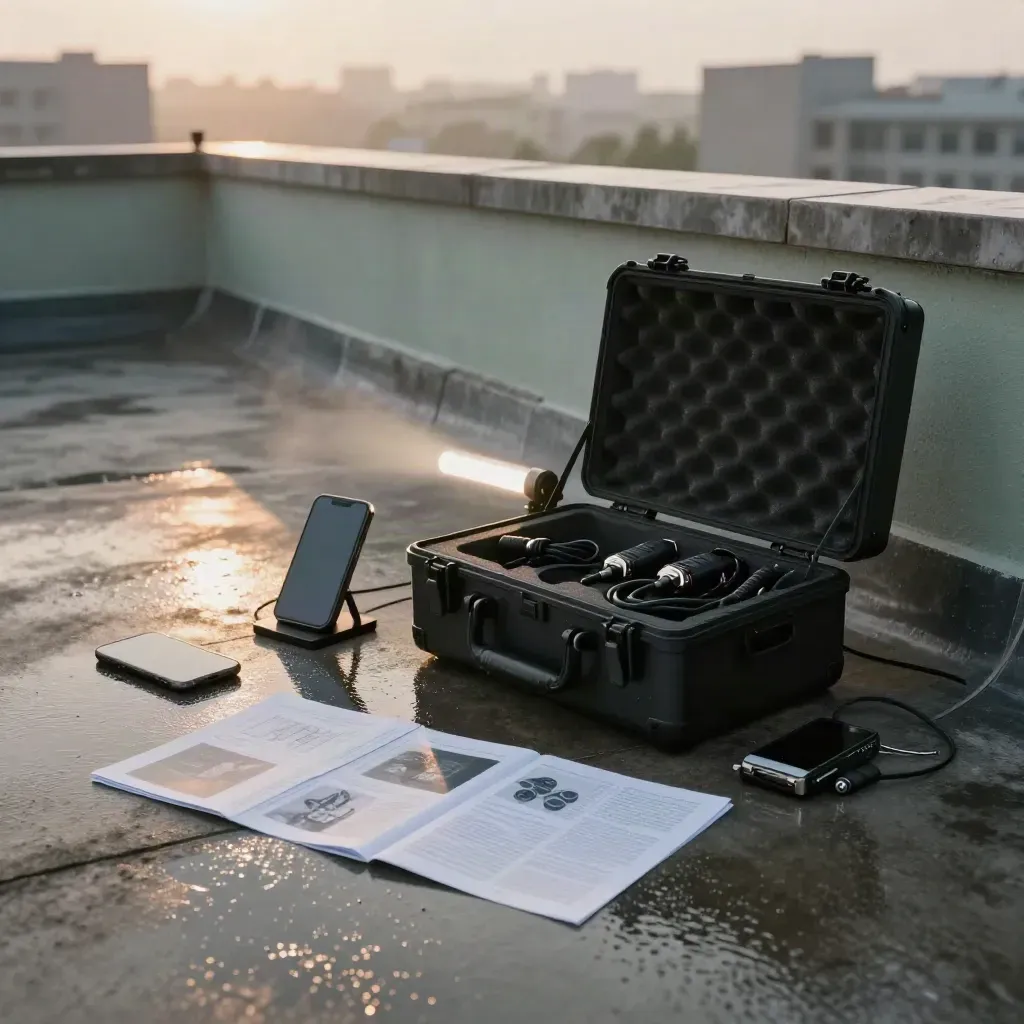 Rain-slick rooftop gear cases, lav mics, LED tube, phone stand and storyboard cards in golden light.