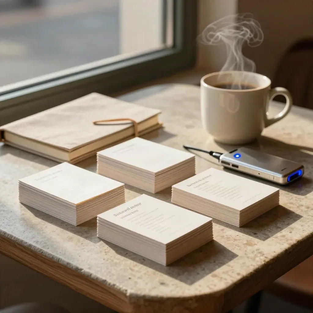 Cafe window table with index cards, closed notebook, cup, and voice recorder in warm light.