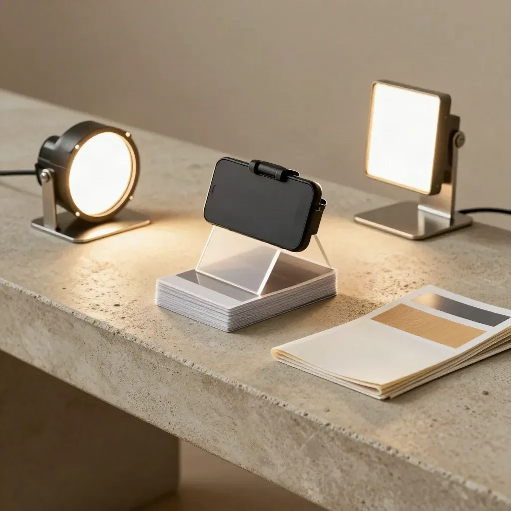 Premium social ad workstation with phone clamp, color cards, and a hard-lit panel on a sand bench.