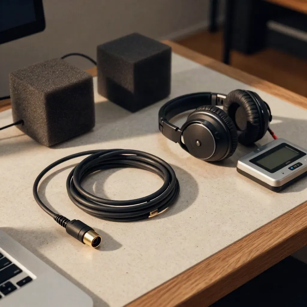 Top-down podcast edit station with cables, headphones, and recorder dock on travertine.