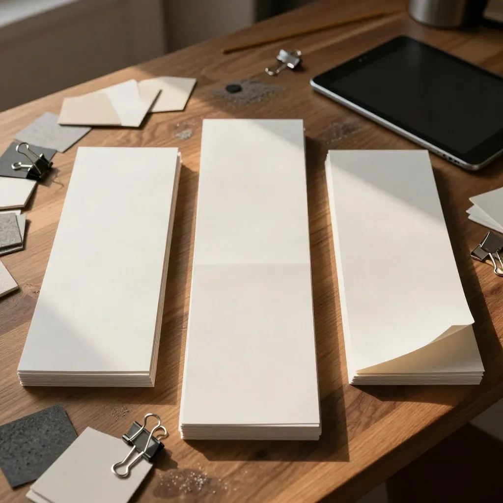 Overhead brand planning spread with paper stacks, color chips, binder clips, and a face-down tablet.