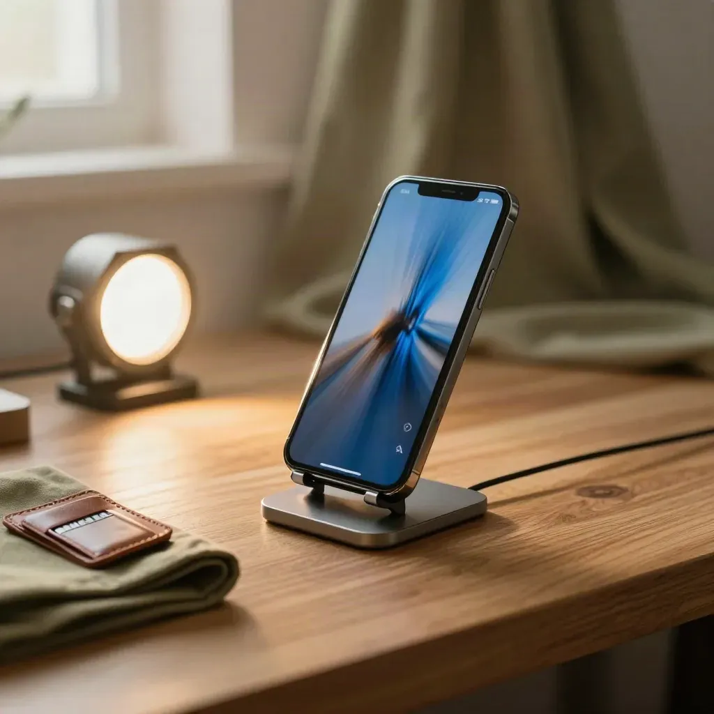 Phone on stand by small lights and memory card wallet on a warm oak workbench.