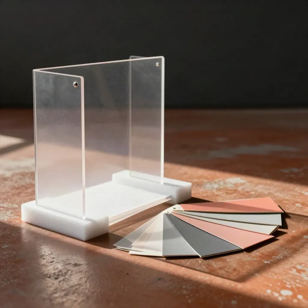Floor-level ad-testing set with acrylic panels, light box, swatches, and foam blocks in dramatic shadow.