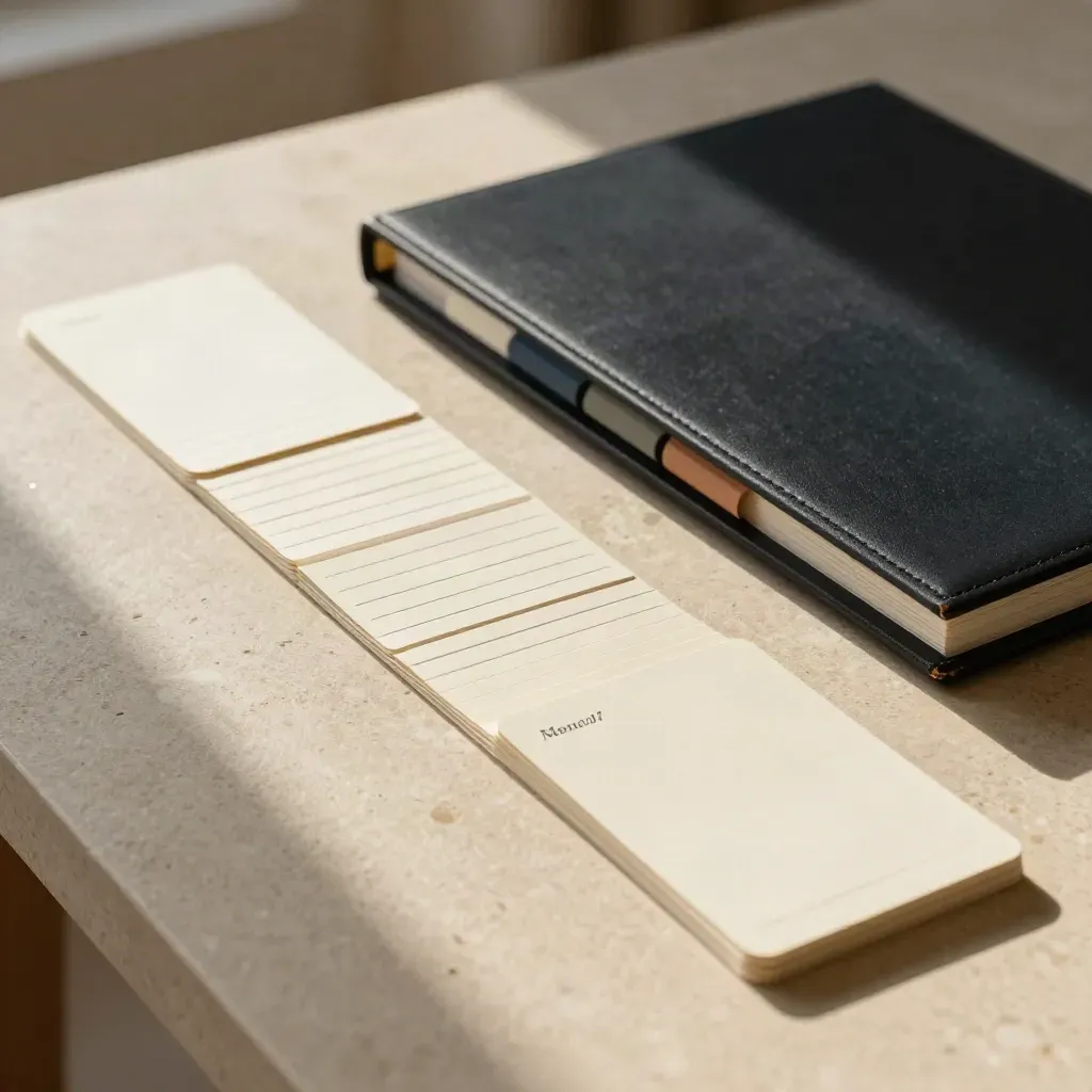 Travertine planning table with blank cards, navy tabs, and a slim black binder in warm sunlight.
