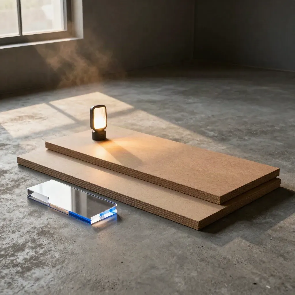 Foam-core boards and a lamp on a concrete floor, lit with amber window light and blue edge bloom.