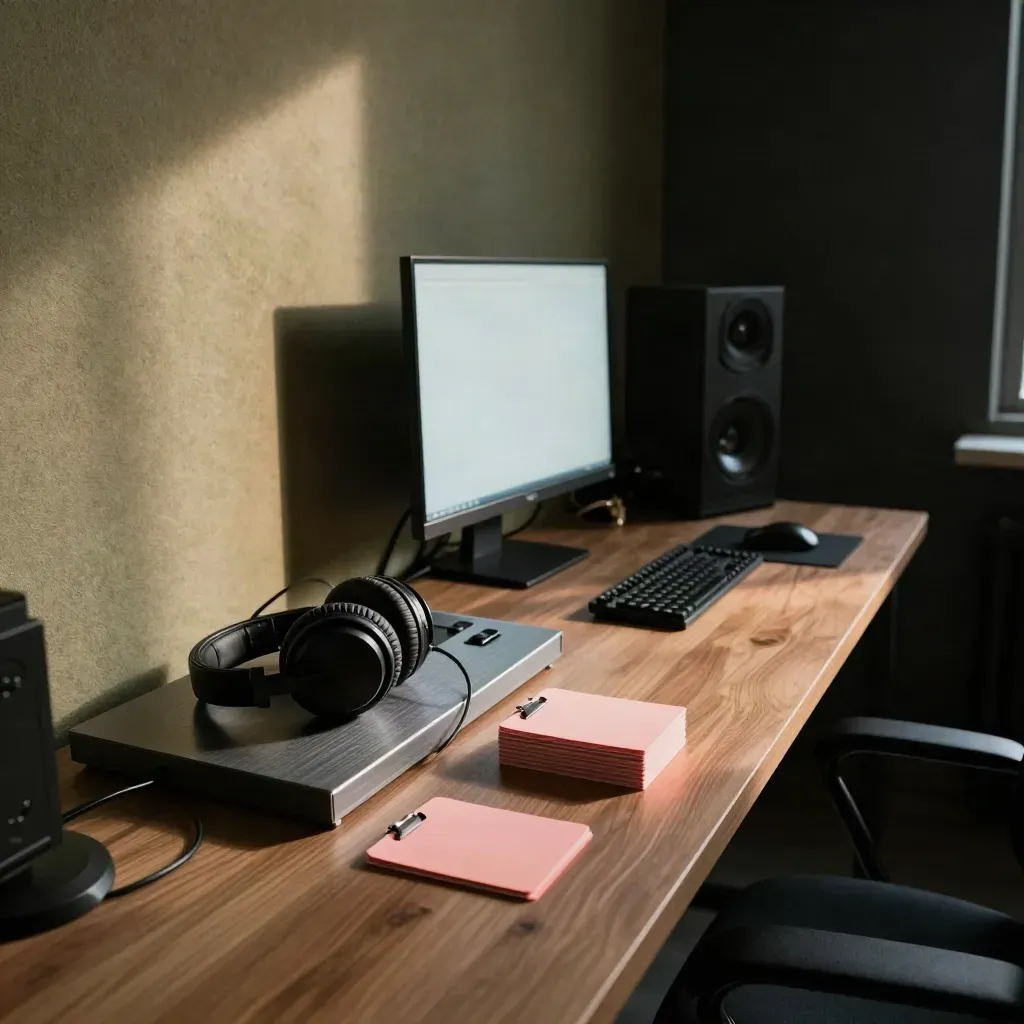 Podcast edit room with monitor glow, headphones, recorder dock, and clip cards mid-slide.