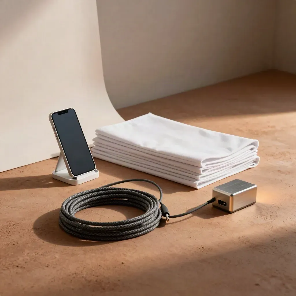 Studio floor layout with phone stand, cables, charger, and white backdrop folds in warm light.
