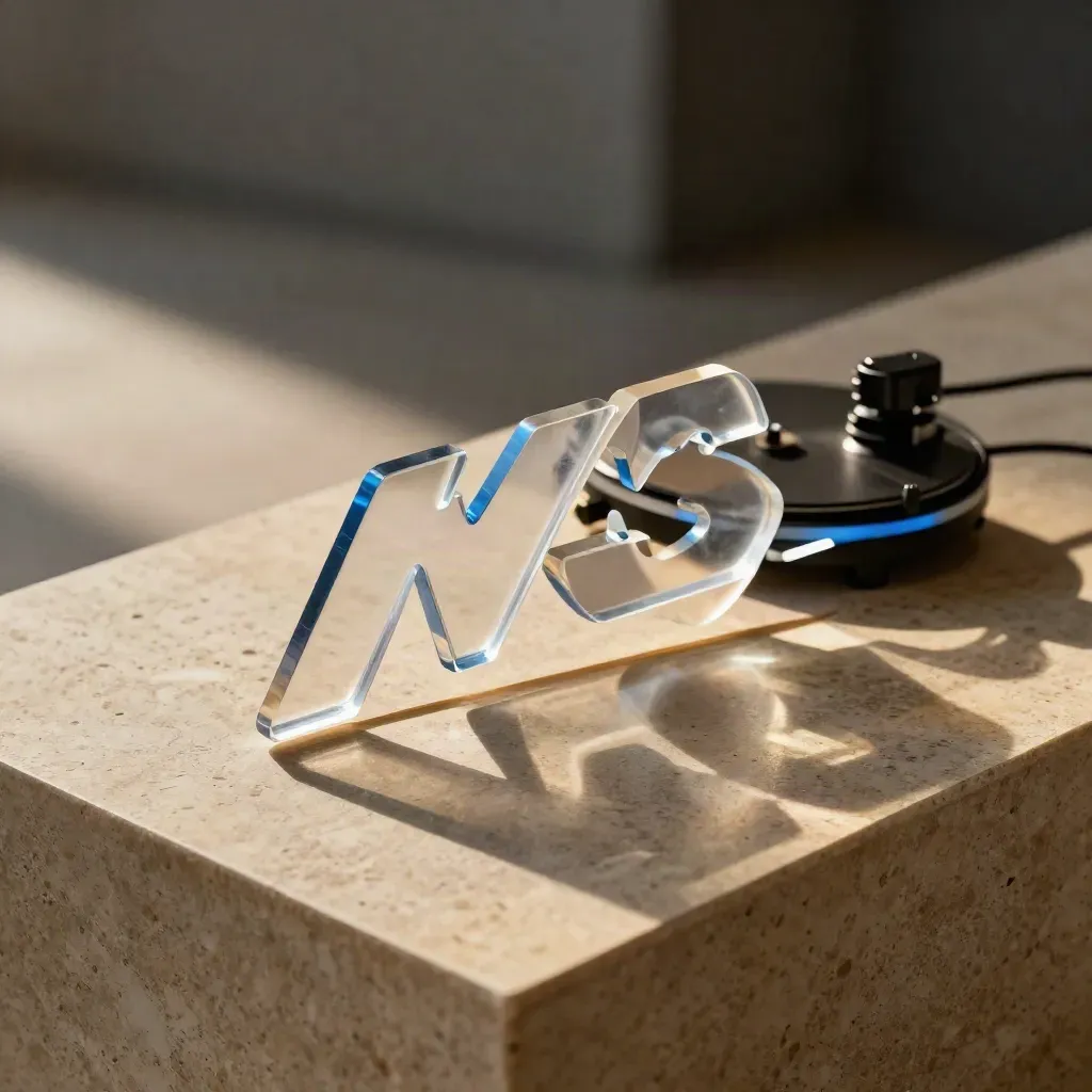 Translucent acrylic logo pieces rotating on a turntable beside a matte shadow card in warm light.