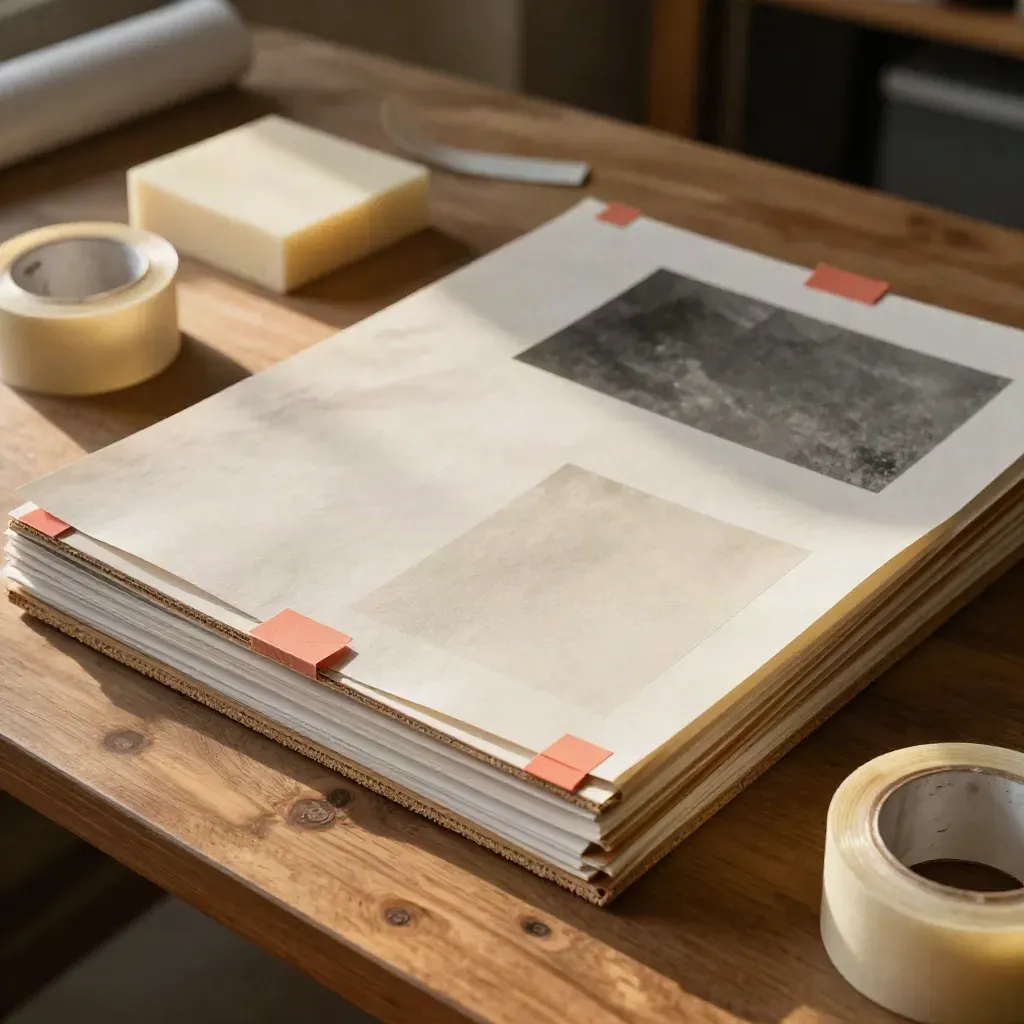 Top-down campaign boards with swatches, foam blocks and tape on a warm studio table