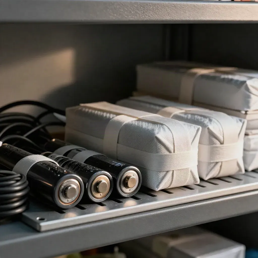 Charged batteries, coiled cables, and wrapped gear bundles on a dark media shelf.
