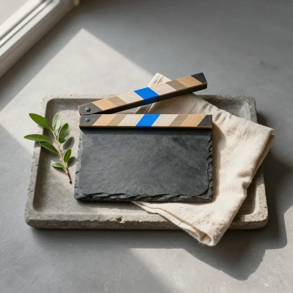 Top-down still life of a blank clapper slate on stone with cloth, greenery, and a tray.