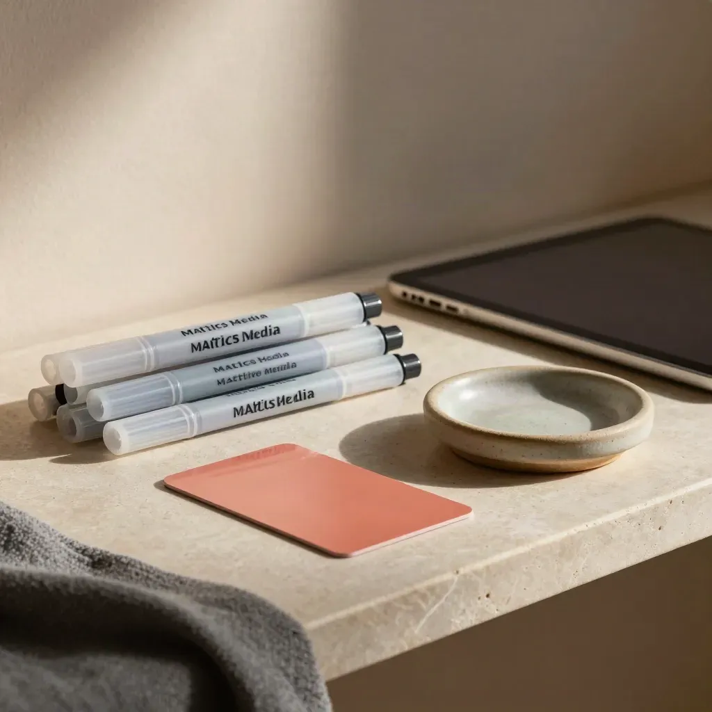 Ad creative tools on a limestone shelf: crop markers, coral swatch, ceramic dish, and dark tablet.