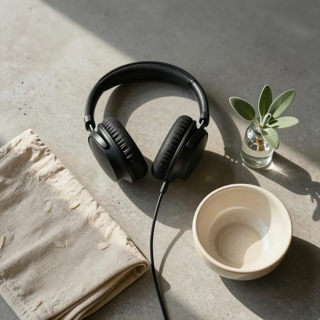 Top-down podcast still life with headphones, foam windscreen, cloth, plant cutting, and ceramic bowl on concrete.