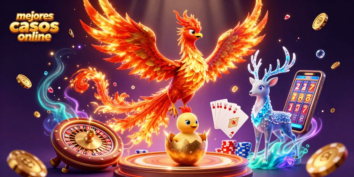 Disfruta de los mejores casinos online con una escena de un fénix y elementos de juego vibrantes.