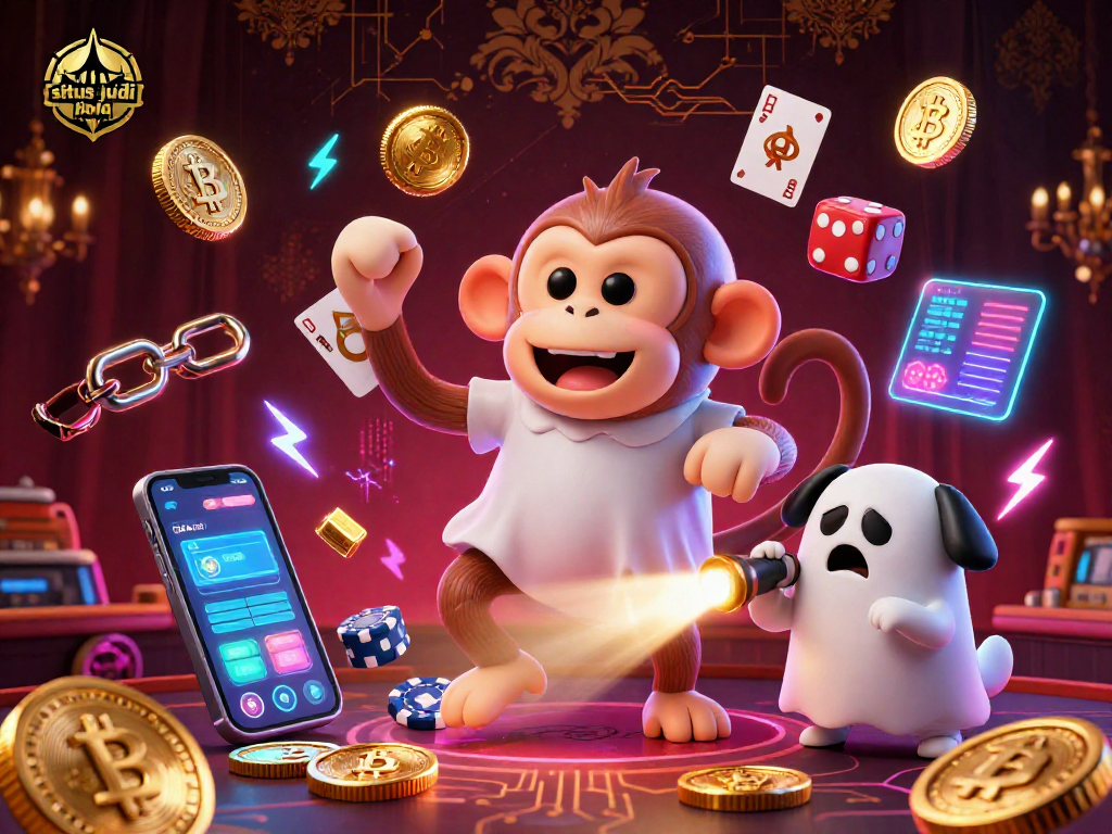 Experience the thrilling excitement of situs judi bola in a haunted casino atmosphere, featuring a playful poltergeist monkey.