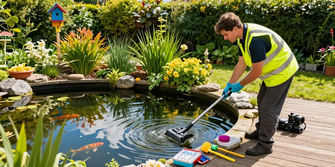 Professional pond cleaning Surrey scene showing a skilled pond cleaner maintaining a clean and vibrant garden pond.