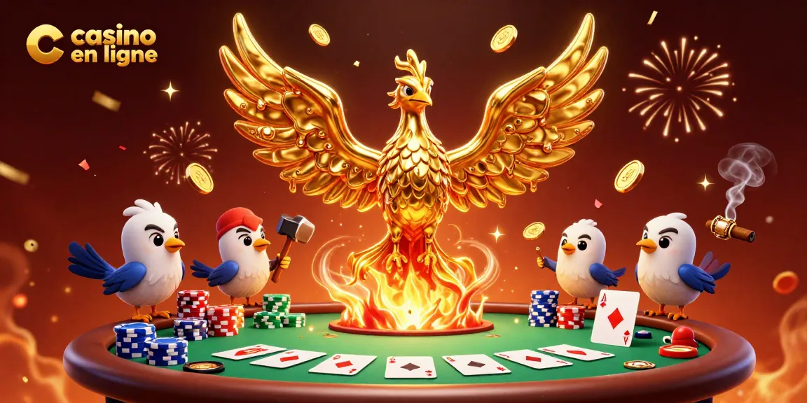 Illustration captivante représentant le casino en ligne avec un phœnix doré et des éléments de poker.