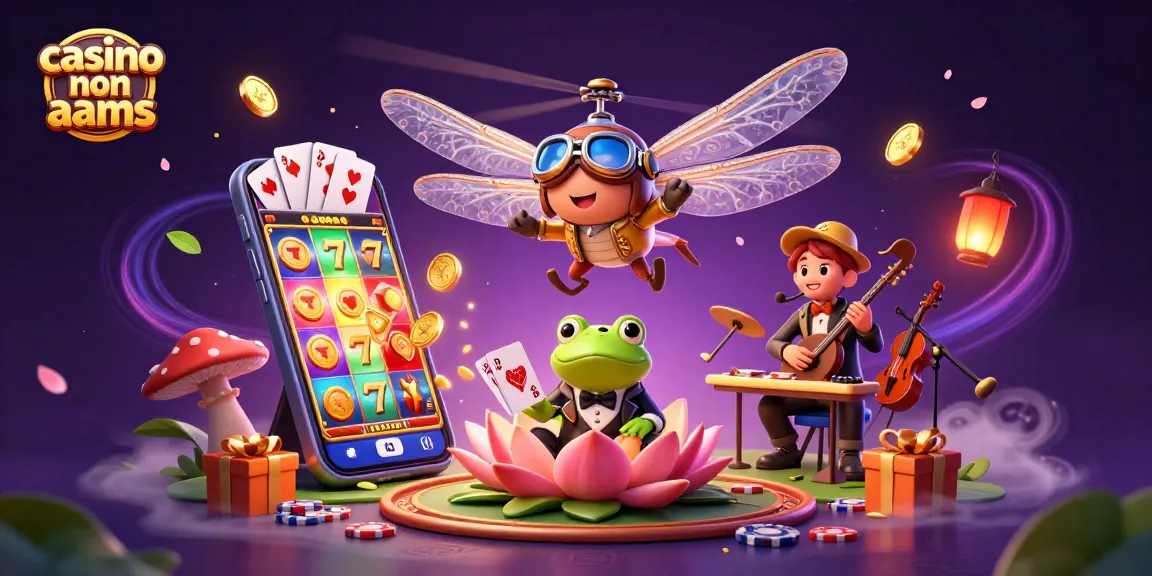 Immagine illustrativa della scena di un casino non AAMS con un pilota di drago della fortuna e dettagli vivaci dei giochi.