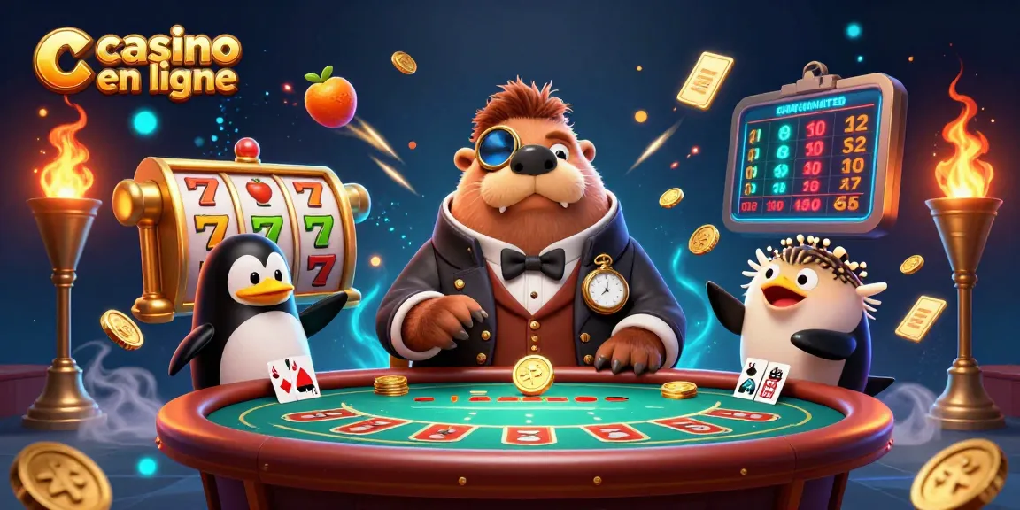 Jouer au casino en ligne avec un morse élégant à la table de poker, entouré de symboles de jackpot.