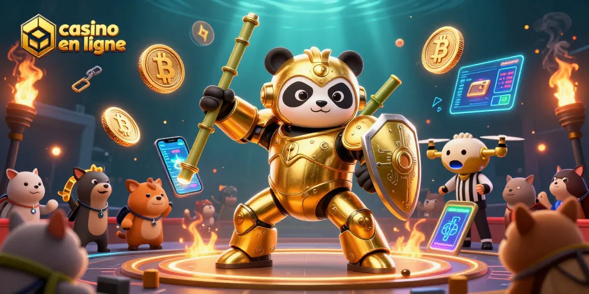 Plongez dans l'univers du casino en ligne avec un panda doré en mécha et des éléments de crypto-monnaie.