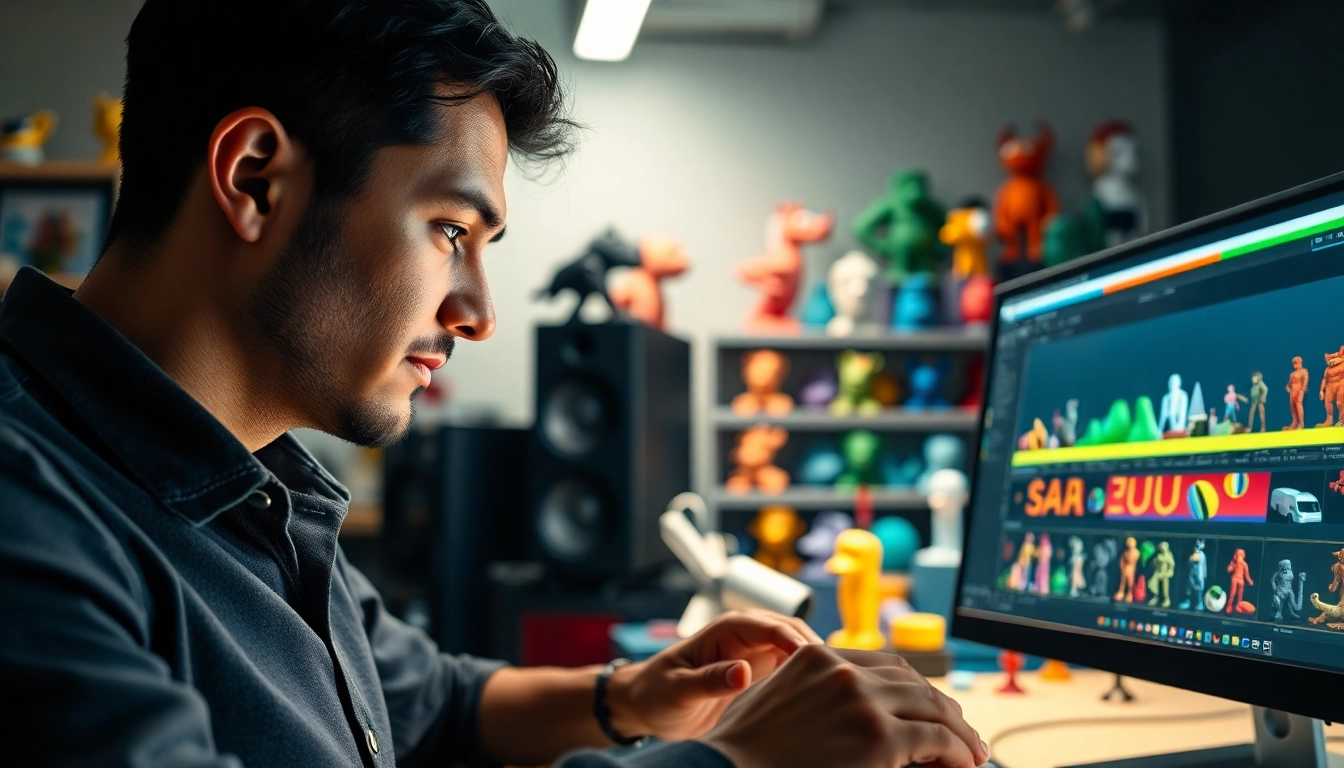 3D Animation studio with a talented animator focusing on character models in vibrant workspace.