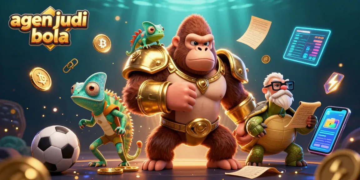 A striking scene of agen judi bola with a gorilla king, chameleon, and tortoise amidst dynamic sports betting elements.