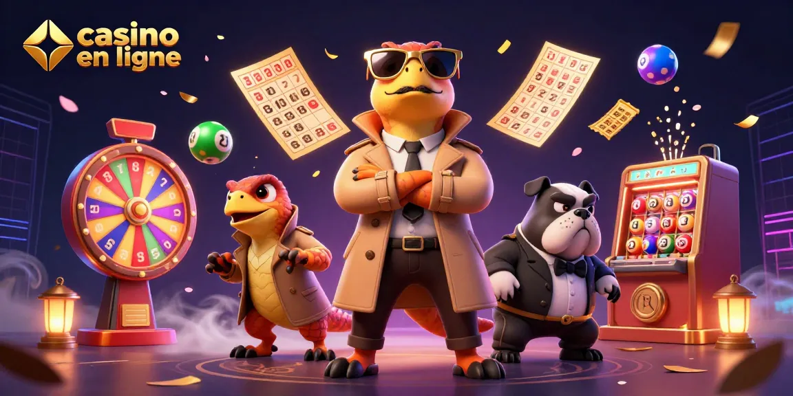 Animation de raptors déguisés entrant dans un casino en ligne avec des éléments de loterie colorés.