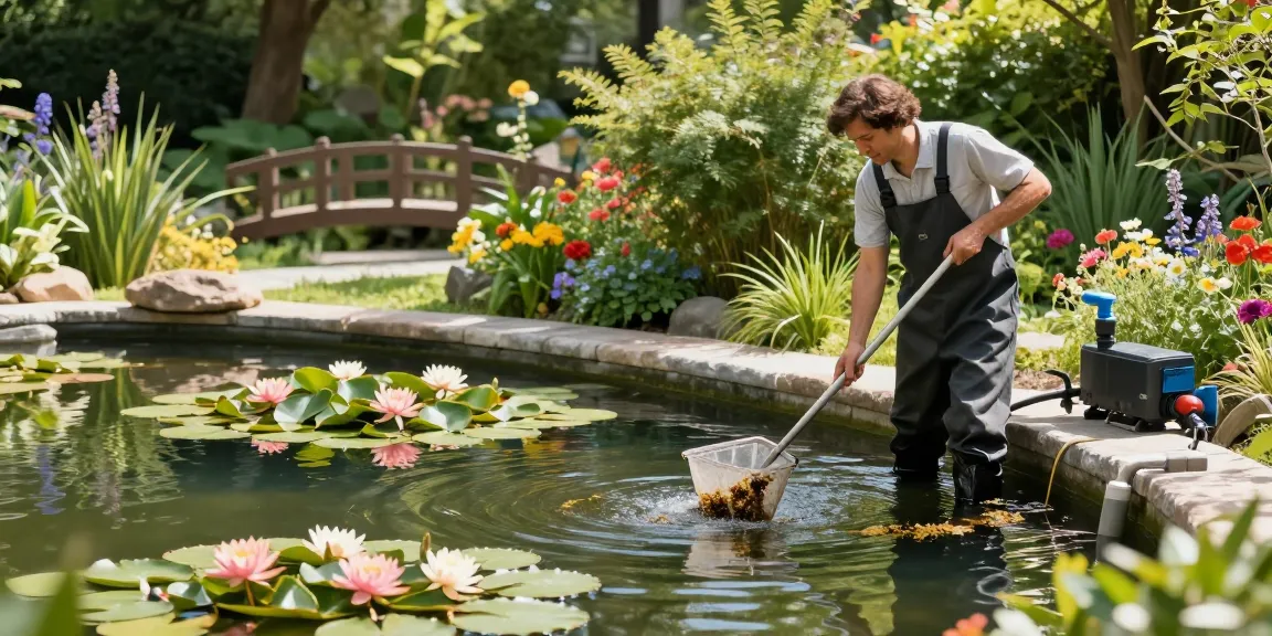 Professional Pond Cleaning Surrey service in action, pond cleaner removing debris from a beautiful garden pond.