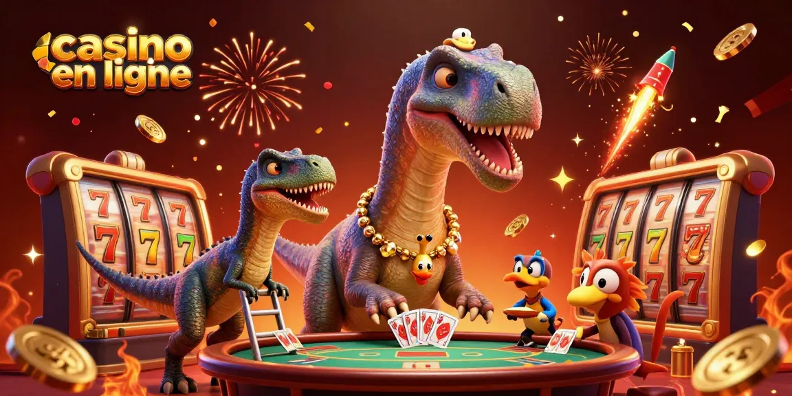 Jouer au casino en ligne avec une illustration dynamique d'un brontosaurus et un croupier raptor, entouré de jets de feux d'artifice.