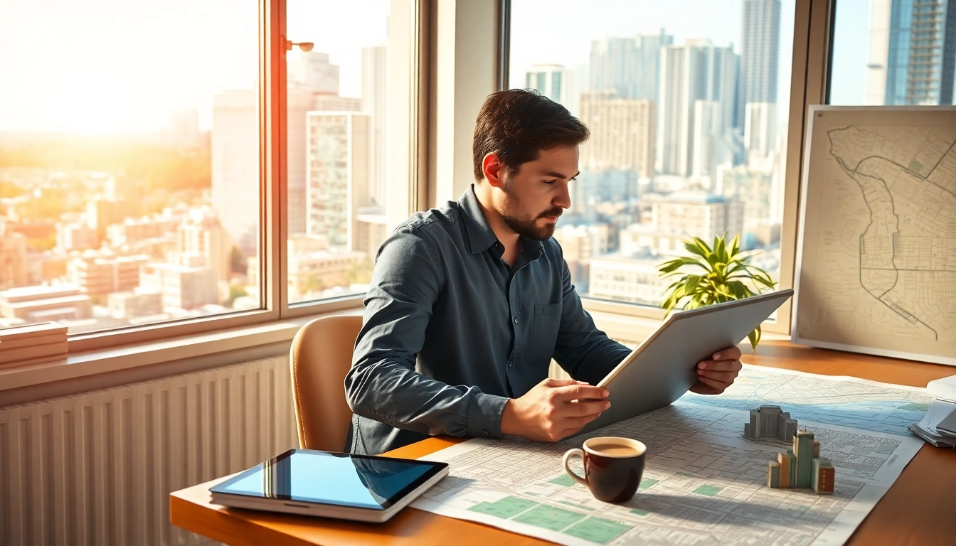 Urban planner working intently at a drafting table with city maps and blueprints.