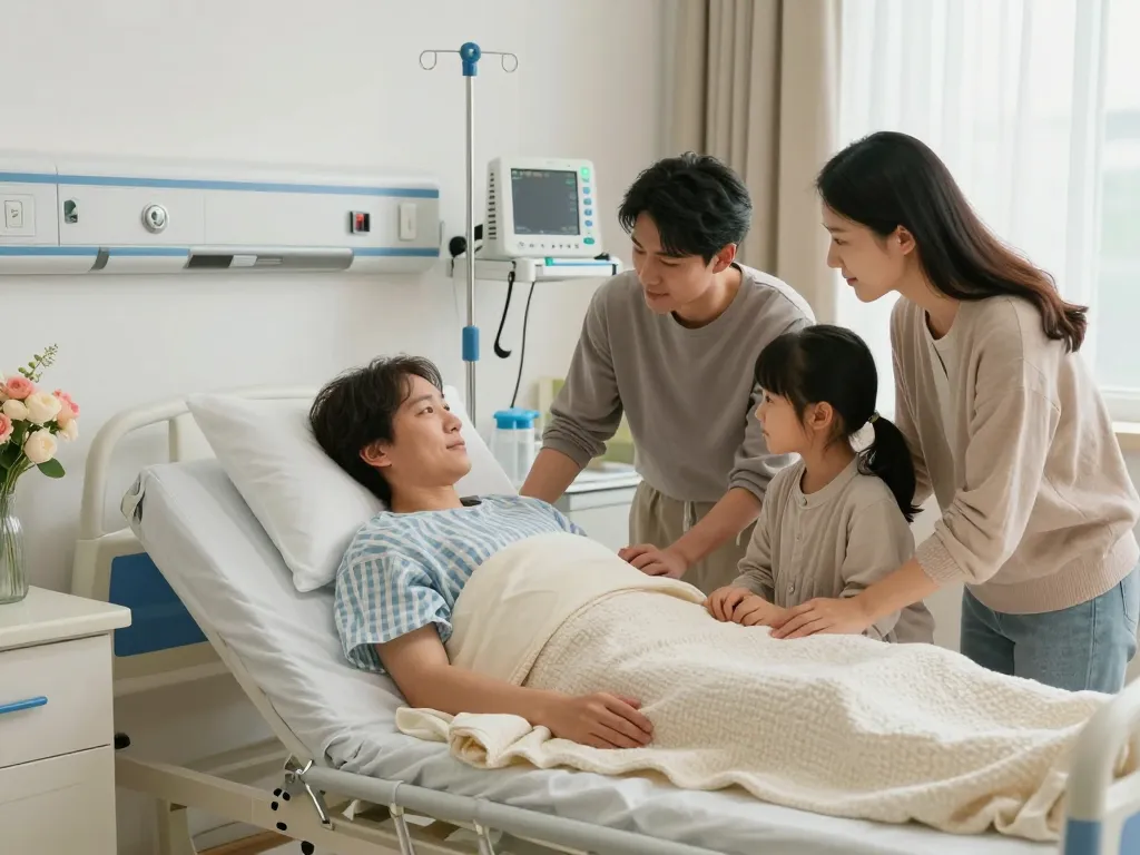 Patient resting on a giường bệnh nhân in a warm hospital room, surrounded by caring family members.