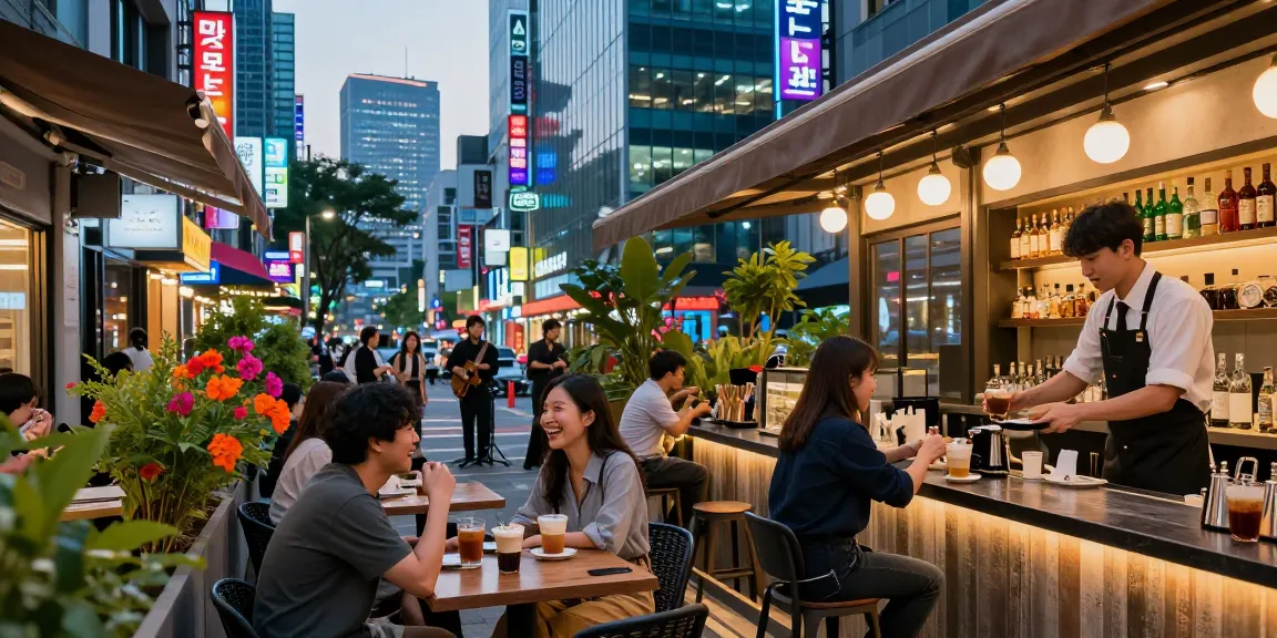 강남 달토에서 사람들이 즐기는 카페 풍경, 활기찬 저녁의 도시 분위기