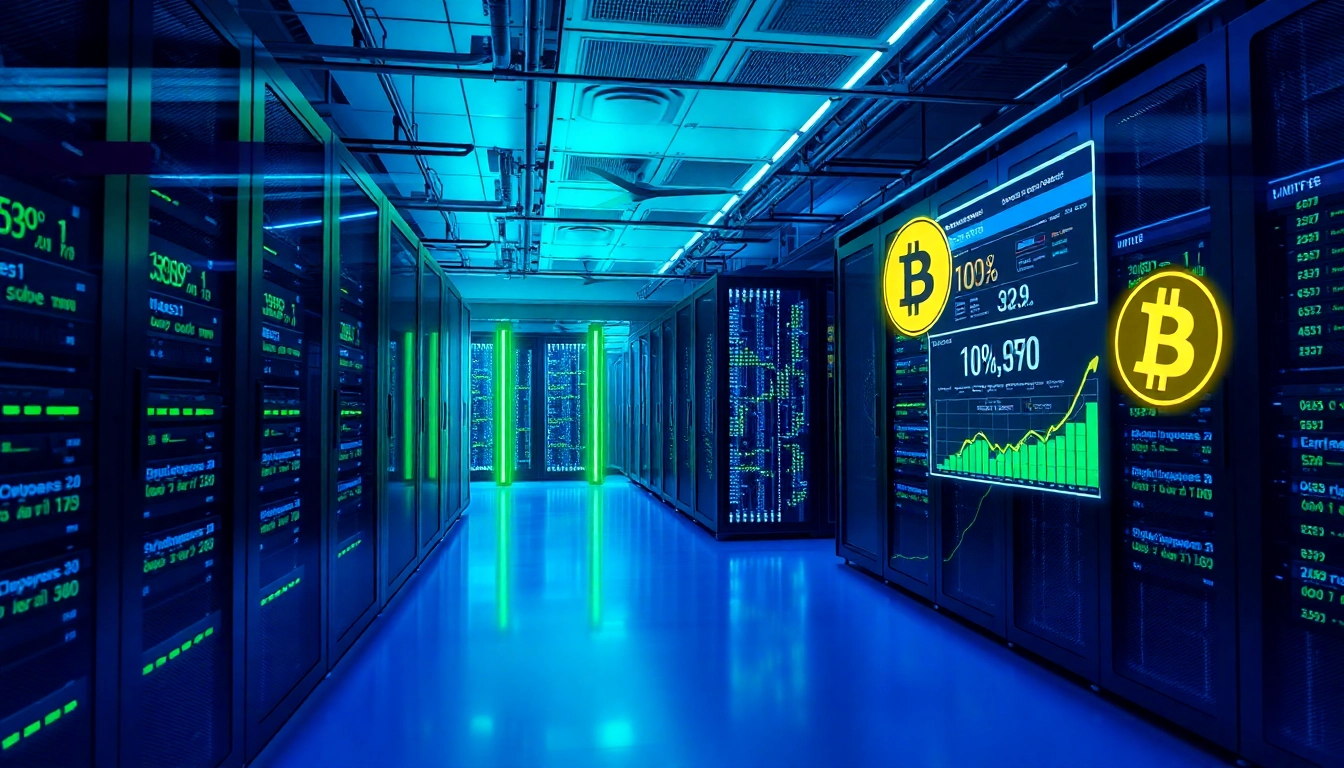 Best cloud mining environment showcasing high-tech servers and digital mining statistics.