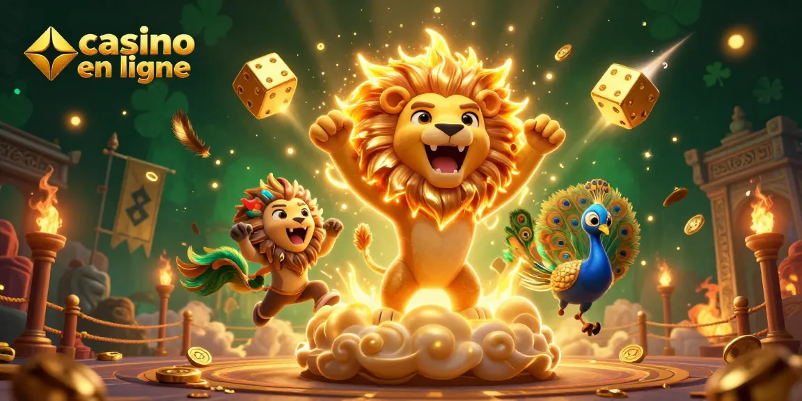 Jouer à des jeux de casino en ligne avec casino en ligne, aux côtés d'un lion cartoon et de dés dorés.