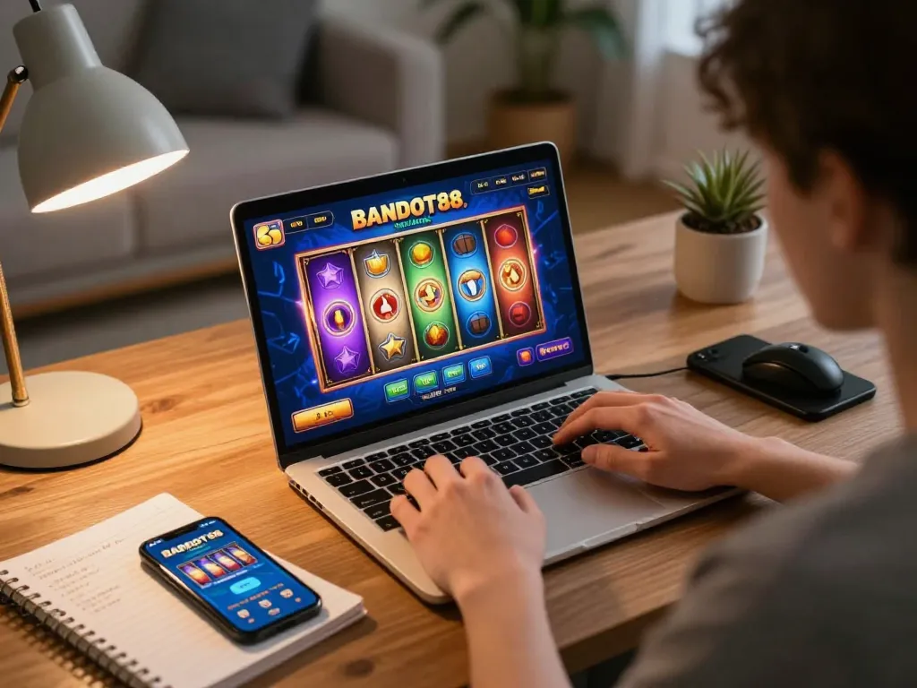 Engaging with BANDOT88 slot games at home with a laptop, showcasing a cozy gaming atmosphere.