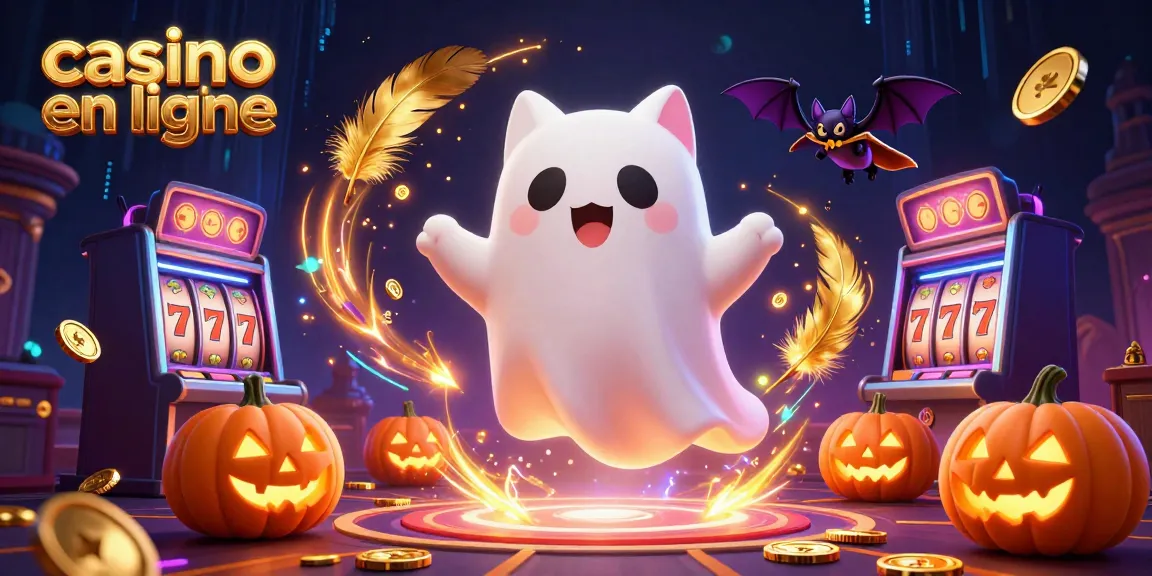 Le casino en ligne animé avec un chat fantôme et un vampire bat, entourés de jetons et de symboles.