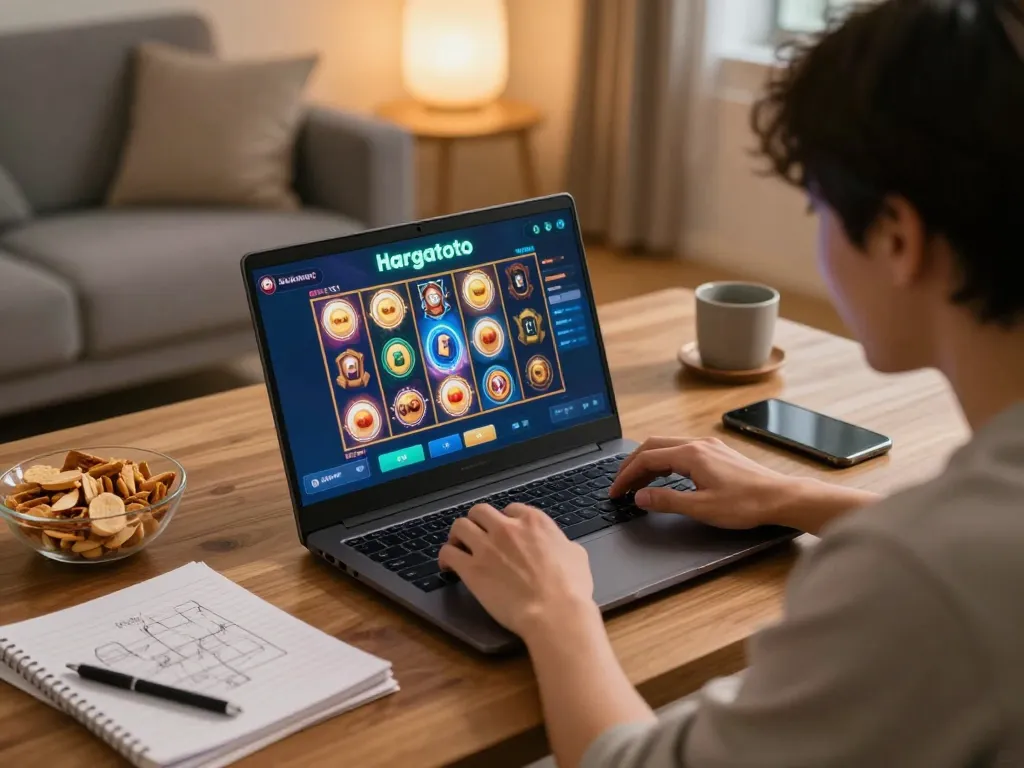 Player enjoying hargatoto slot game, celebrating a winning moment in a cozy home setup.