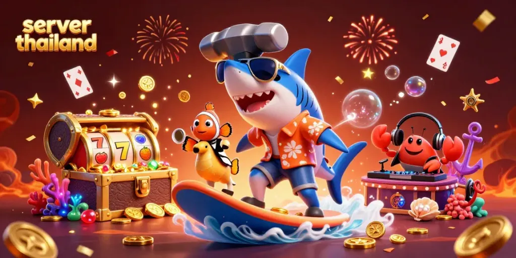 Engage with the vibrant scene featuring server thailand where a shark and friends celebrate amidst gold coins and slots.
